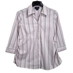 New‎ Additions Top Maternity S White 3/4 Sleeve Striped Ruched Button-Up Blouse
